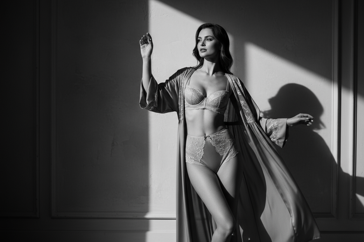 Genera una imagen de una modelo en lencería a blanco y negro 
